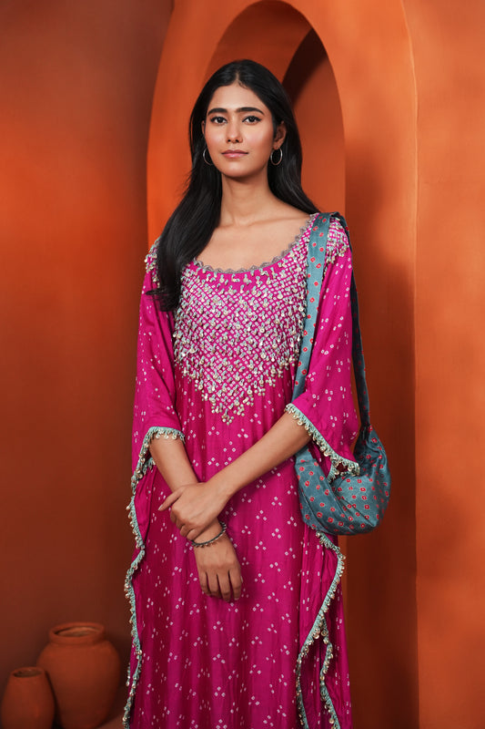 Kachcha Hot Pink Bandhej Kaftan