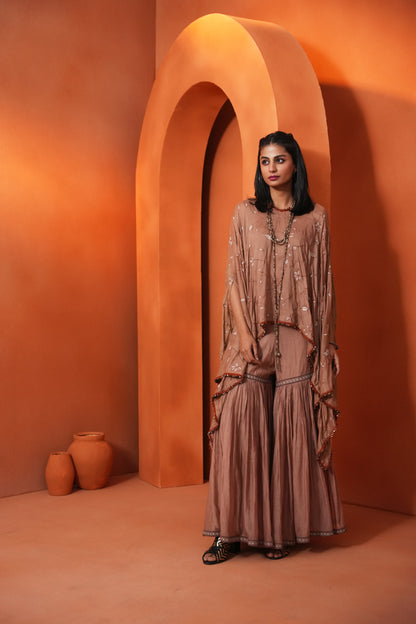 Kachcha Blush Brown Poncho and Sharara Set