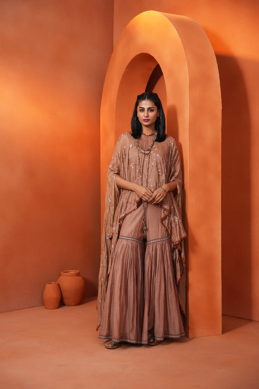 Kachcha Blush Brown Poncho and Sharara Set