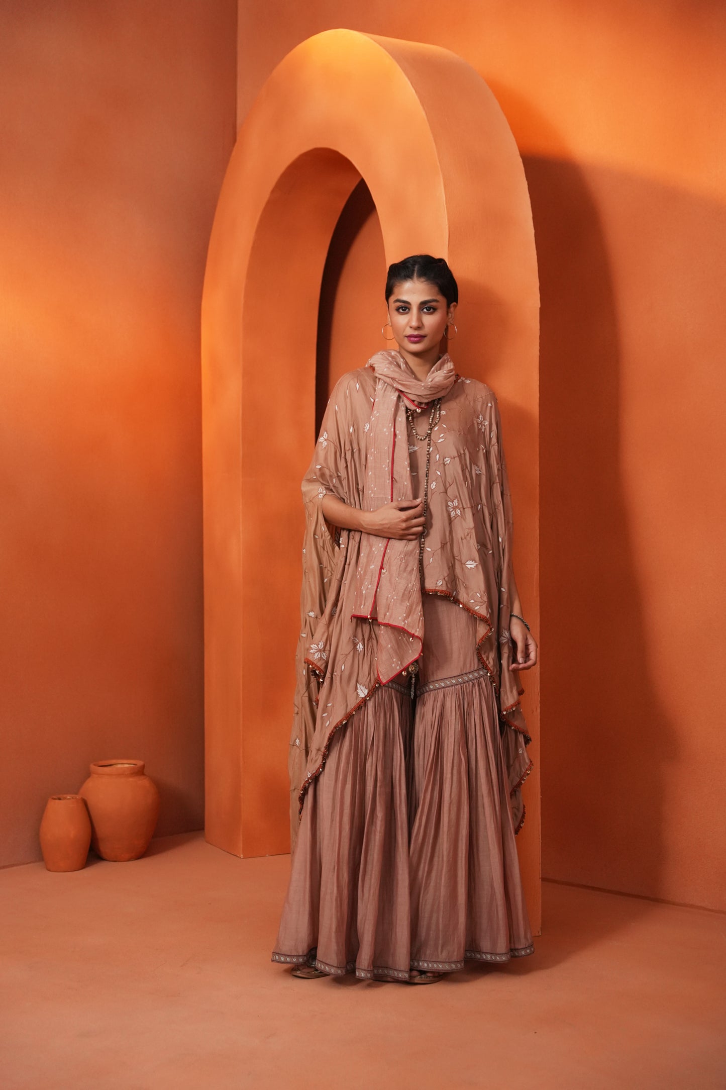 Kachcha Blush Brown Poncho and Sharara Set