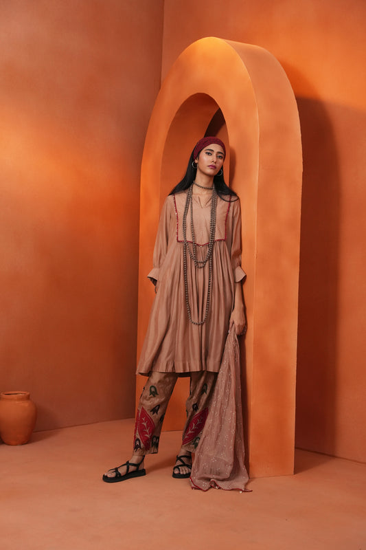 Kachcha Blush Brown Pintuck Kurta and Applique Pant