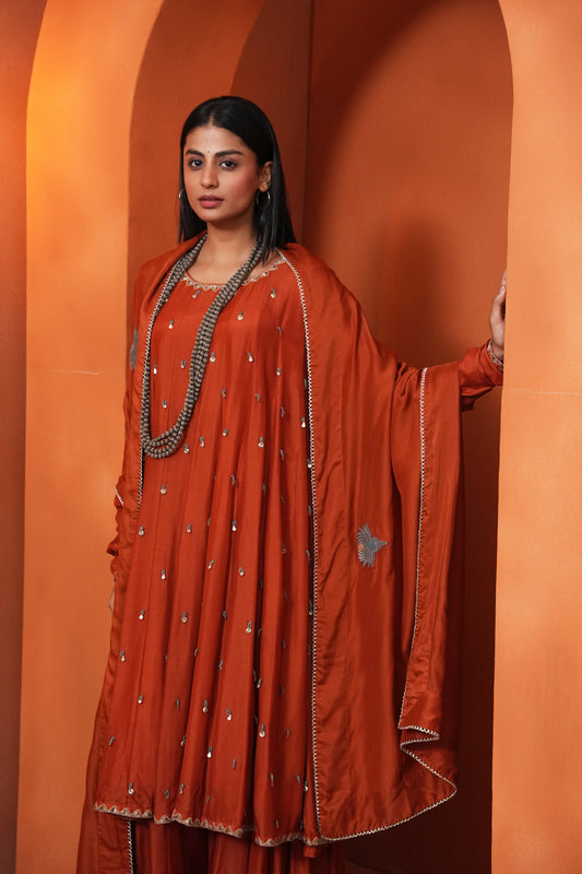 Kachcha Apricot Kalidar Sequins Kurta and Sharara Set