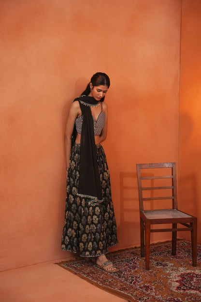 Kachcha Light Black Lehenga Set