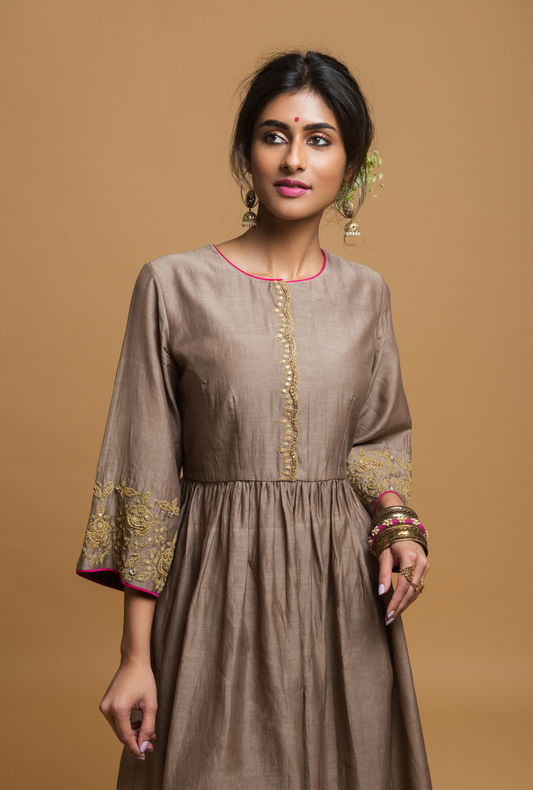 Taupe Gathered Kurta Set