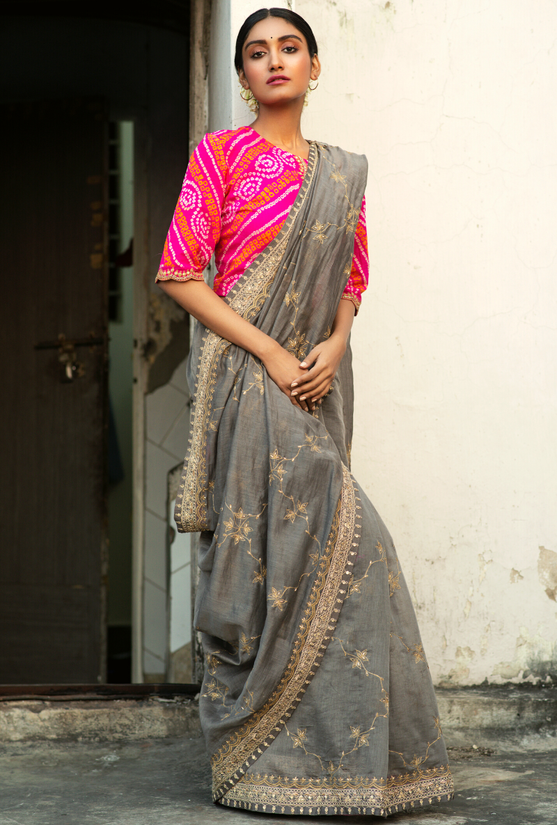 Grey & Pink Printed Patola Dola Silk Saree with Zari Border – Ethnos