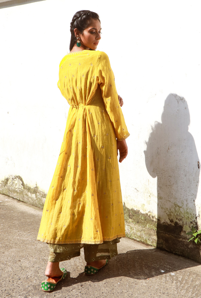 Yellow & Powder Green Chanderi Jacket Set